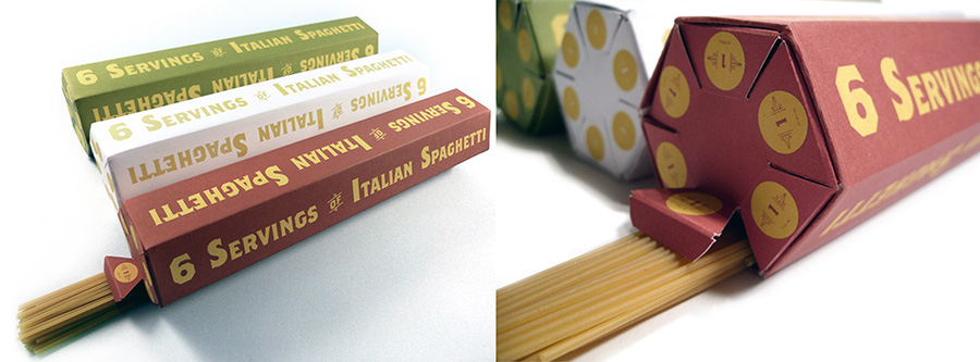 Un medidor de espaguetis integrado en el propio envase, un diseño de Neal Fletcher.