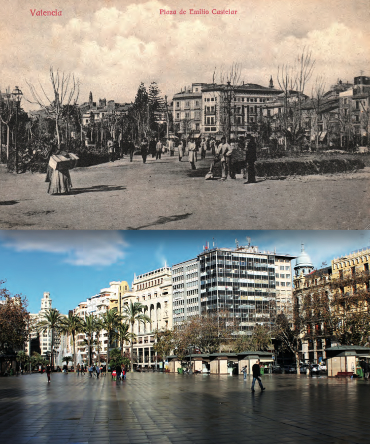 Las dos primeras imágenes confrontadas del libro: la Plaza del Ayuntamiento en 1906 y en 2014.