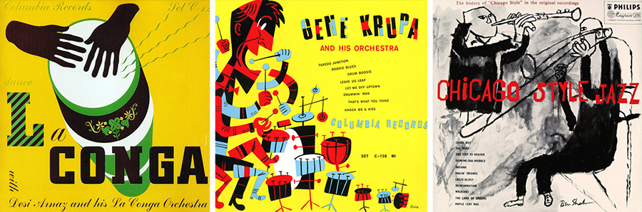 Portadas de Alex Steinweiss (1940), Jim Flora (1947) y Ben Shahn (1954) para Columbia Records