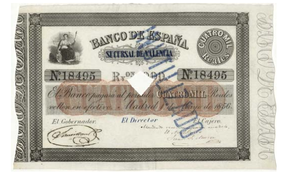Billete de la sucursal en Valencia del Banco de España emitido en mayo de 1856