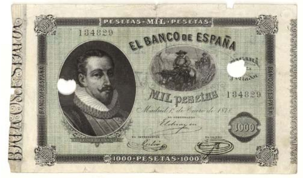 Mil pesetas de 1878 con un retrato de Miguel de Cervantes y viñeta de Don Quijote y Sancho Panza