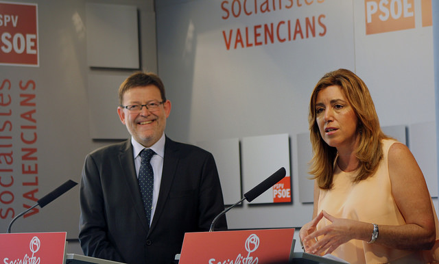 Ximo Puig junto a Susana Díaz en una visita a la sede de Blanquerías en Valencia