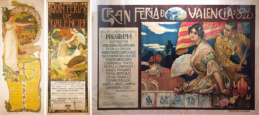 Carteles de 1902 (José Mongrell), 1903 (Mongrell, en francés) y 1915 (Carlos Ruano)
