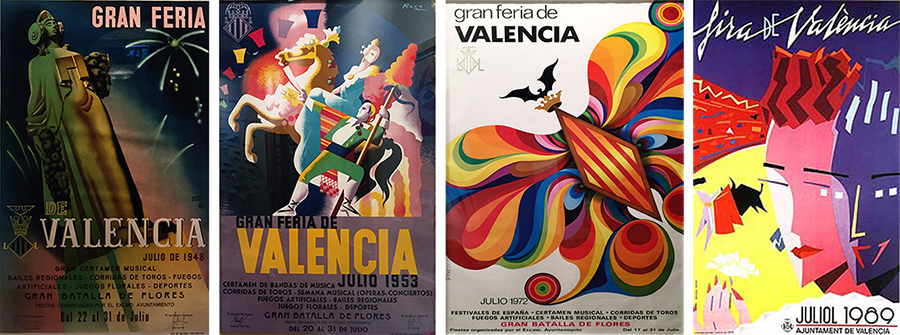 Carteles de 1948 (Fernando Antolí-Candela y Pascual Llop), 1953 (Rafael Raga), 1972 (Francisco Raga) y 1989 (Doménec Morera)