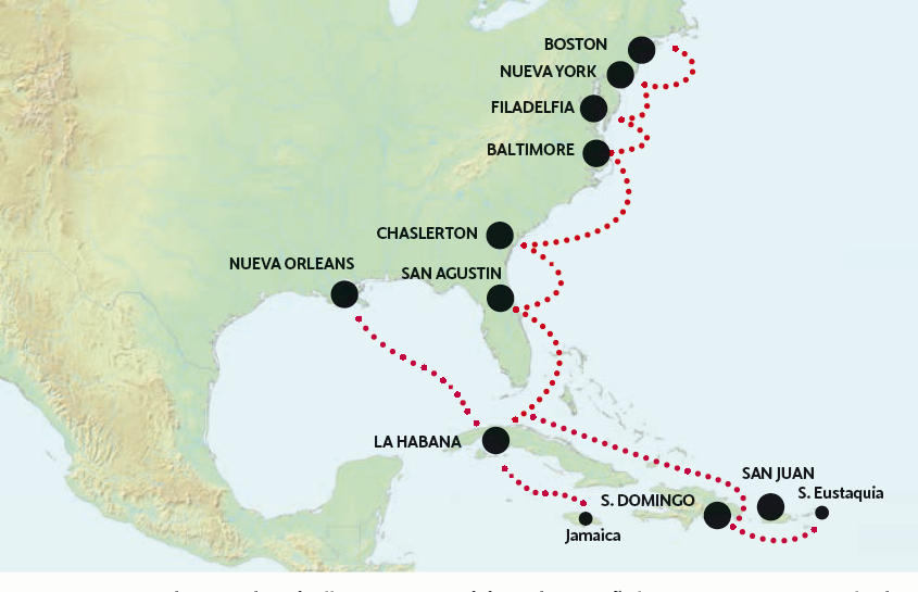 La ruta de Juan de Miralles como comisionado español entre 1778 y 1780.