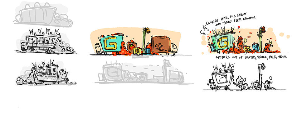 Bocetos que Google ha publicado sobre este 'doodle' de la Tomatina