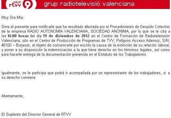 Notificación de despido en Ràdio Autonòmica Valenciana (RAV)