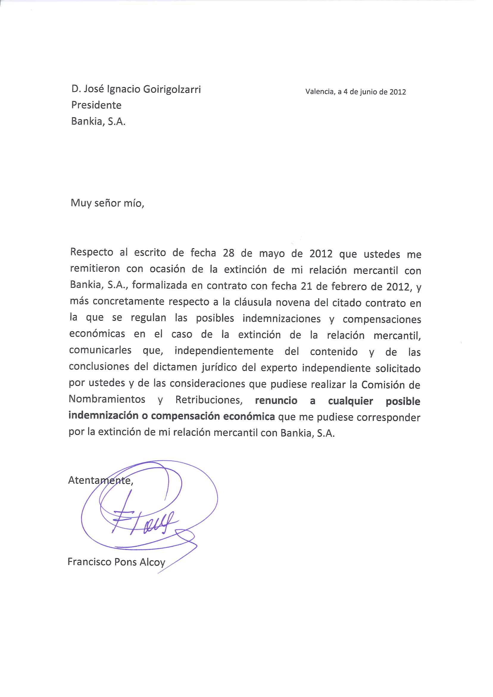 Francisco Pons renuncia a cualquier indemnización tras su 