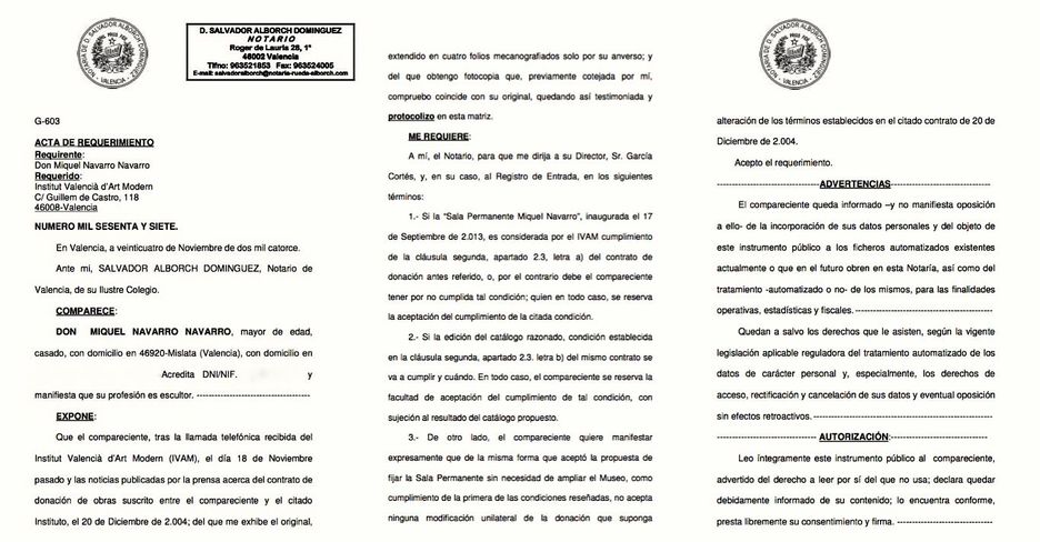 Miquel Navarro remite un requerimiento notarial al IVAM un día antes del  consejo rector