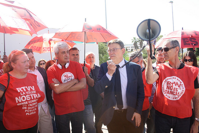Ximo Puig, en un acto de campaña con los trabajadores de RTVV